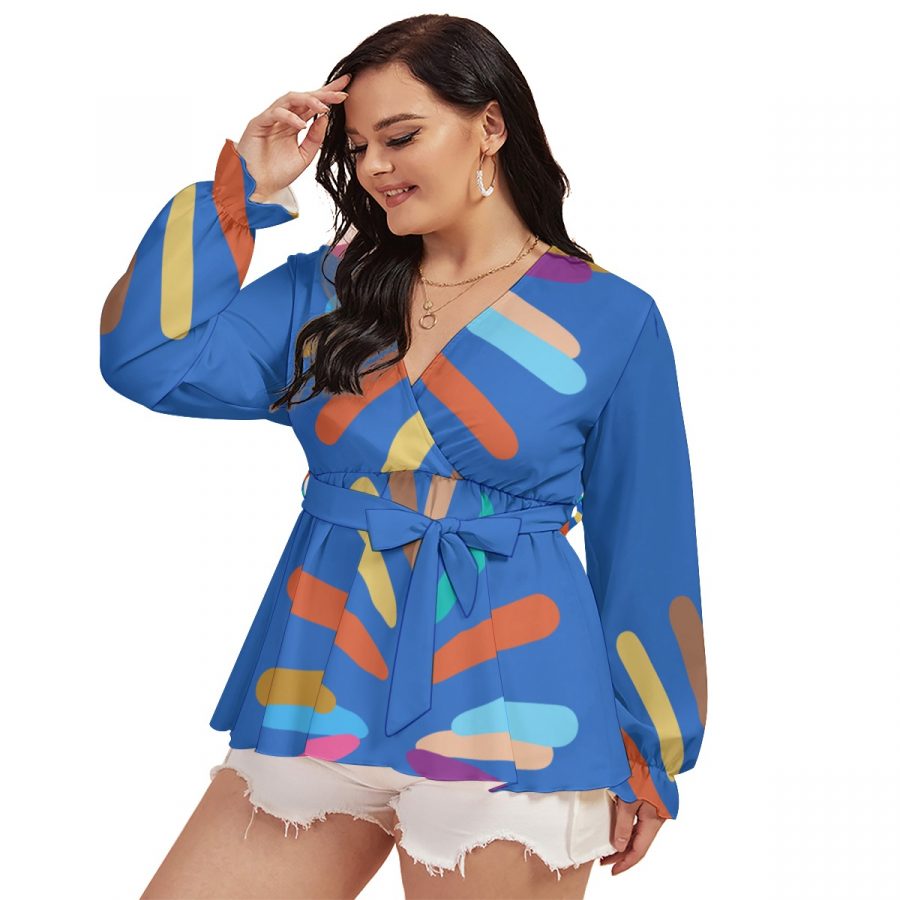All-Over Print Women's V-neck T-shirt With Waistband (Plus Size) - Image 3
