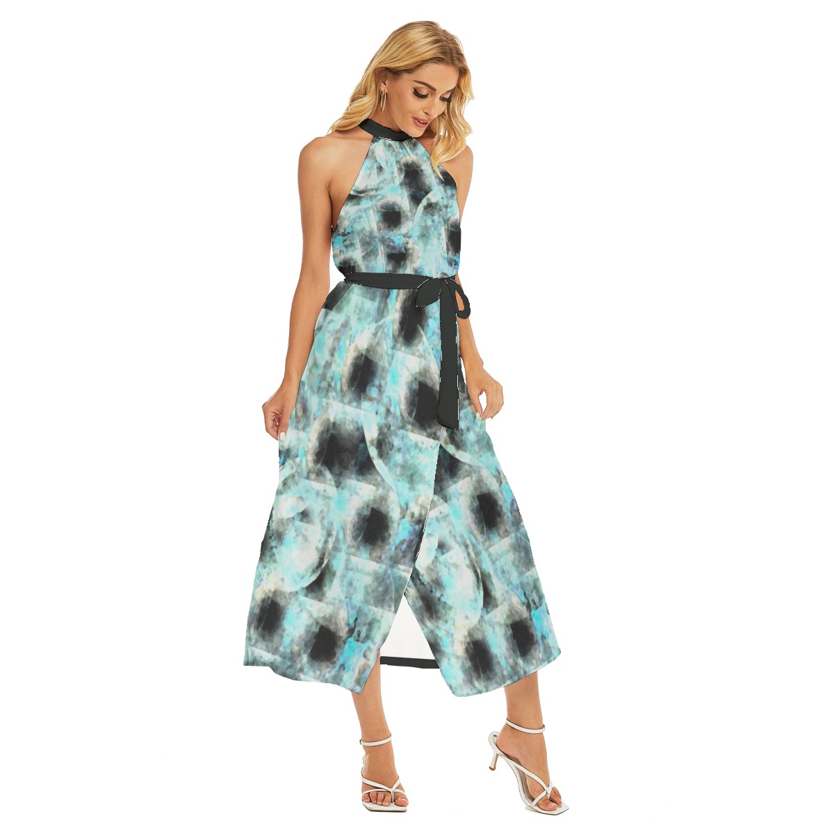 All-Over Print Women's Wrap Hem Belted Halter Dress - Image 2
