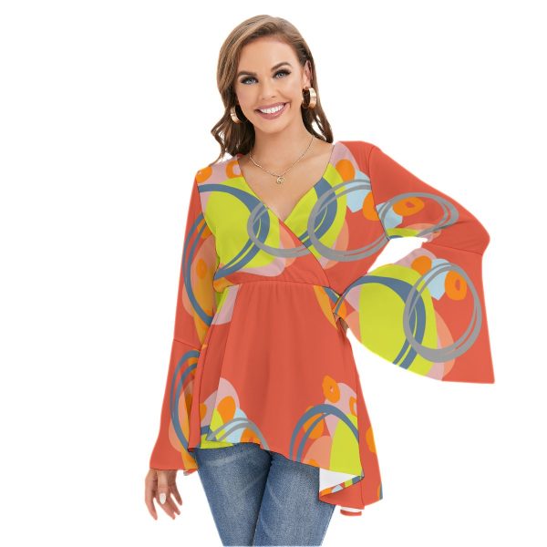 All-Over Print Women's V-neck Blouse With Flared Sleeves