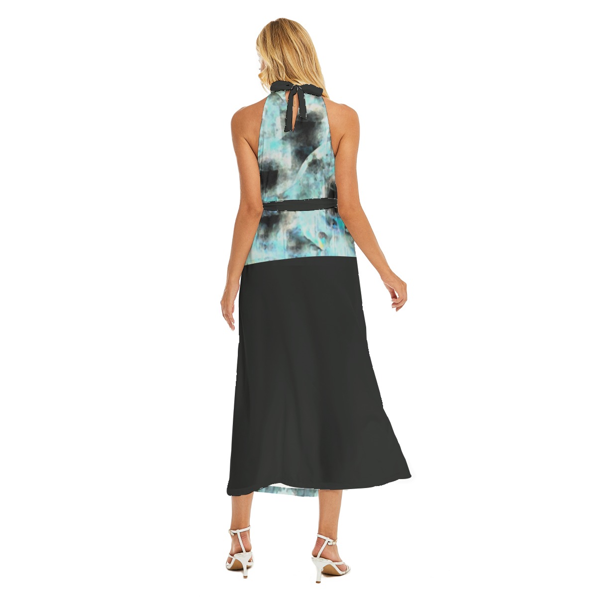 All-Over Print Women's Wrap Hem Belted Halter Dress - Image 4