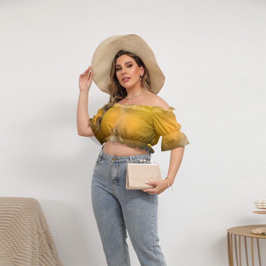 All-Over Print Women's Off-shoulder Cropped Top With Short Puff Sleeve - Image 2