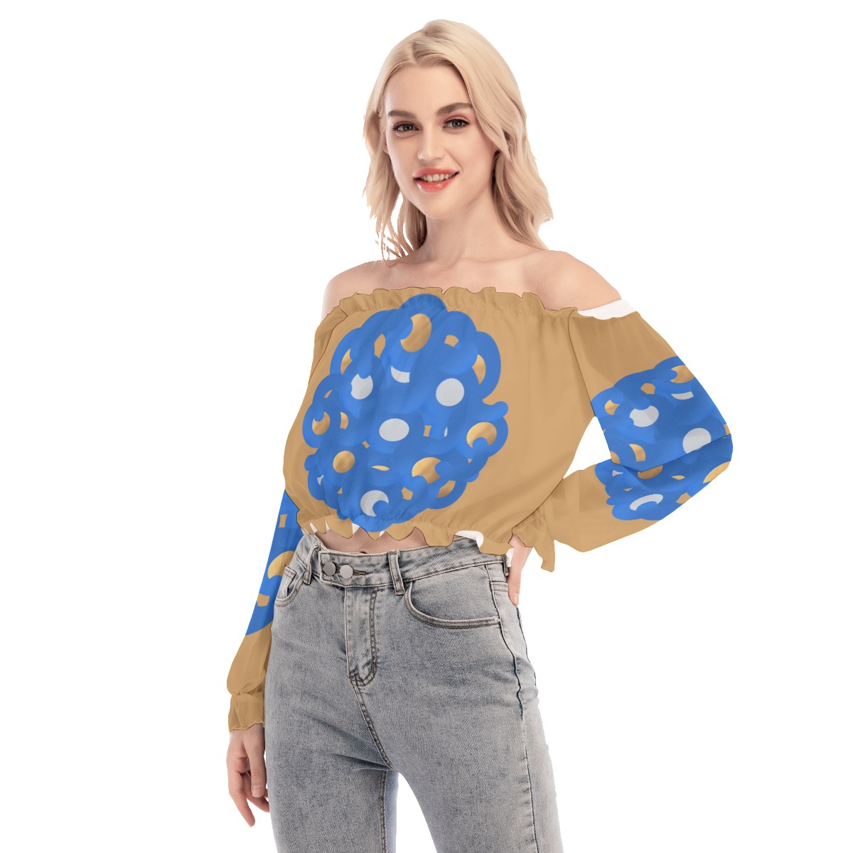 All-Over Print Women's Off-shoulder Blouse With Mesh Sleeves - Image 3