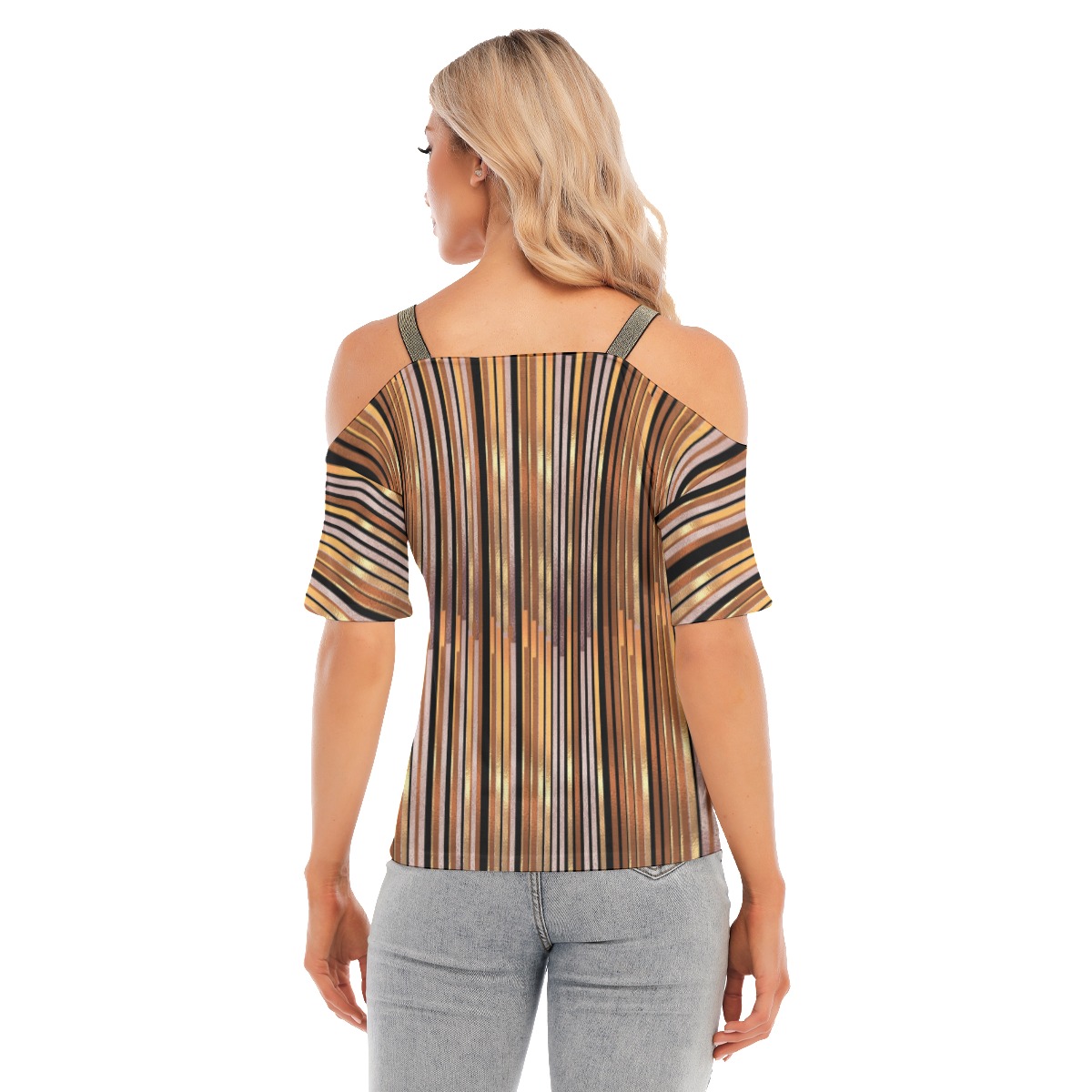 All-Over Print Women's Cold Shoulder T-shirt With Golden Elastic Band On Neck - Image 4