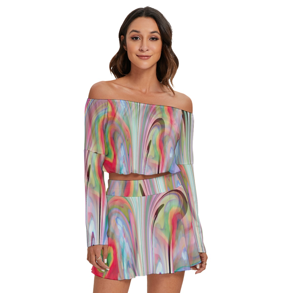 All-Over Print Women's Off-shoulder Top And Skirt Set