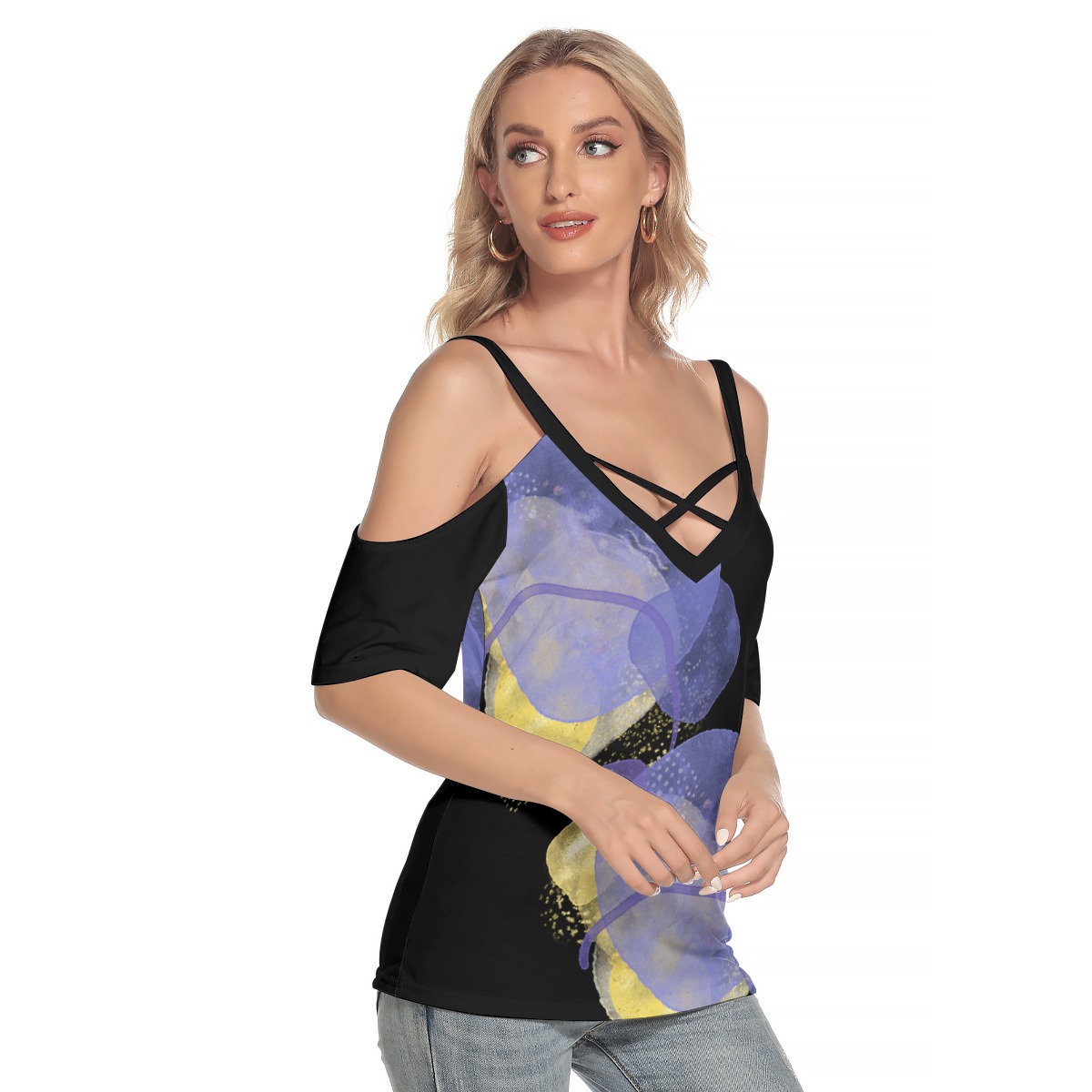 All-Over Print Women's Cold Shoulder T-shirt With Criss Cross Strips - Image 2