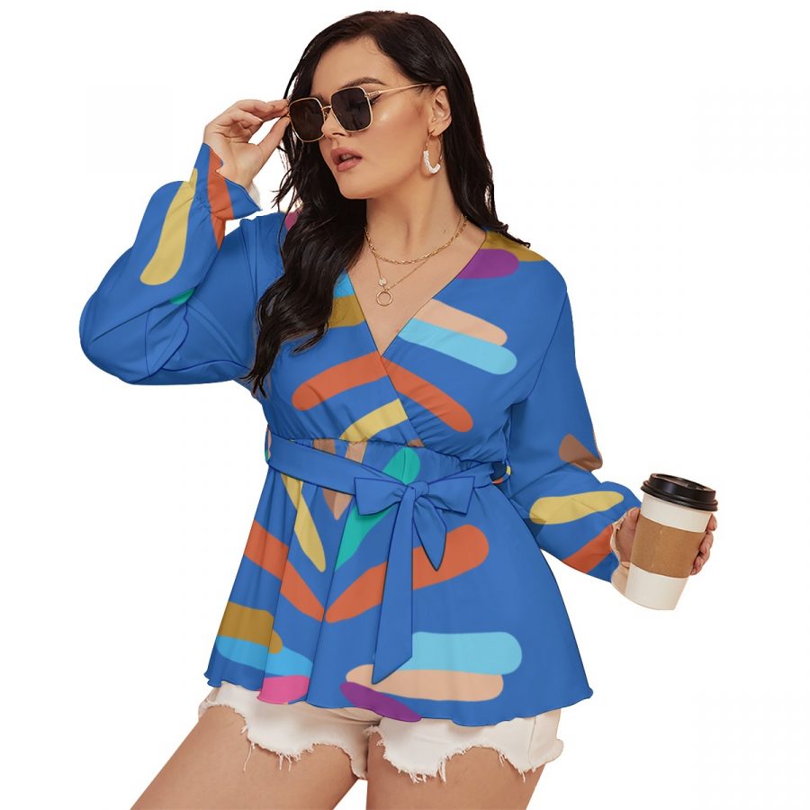 All-Over Print Women's V-neck T-shirt With Waistband (Plus Size) - Image 2