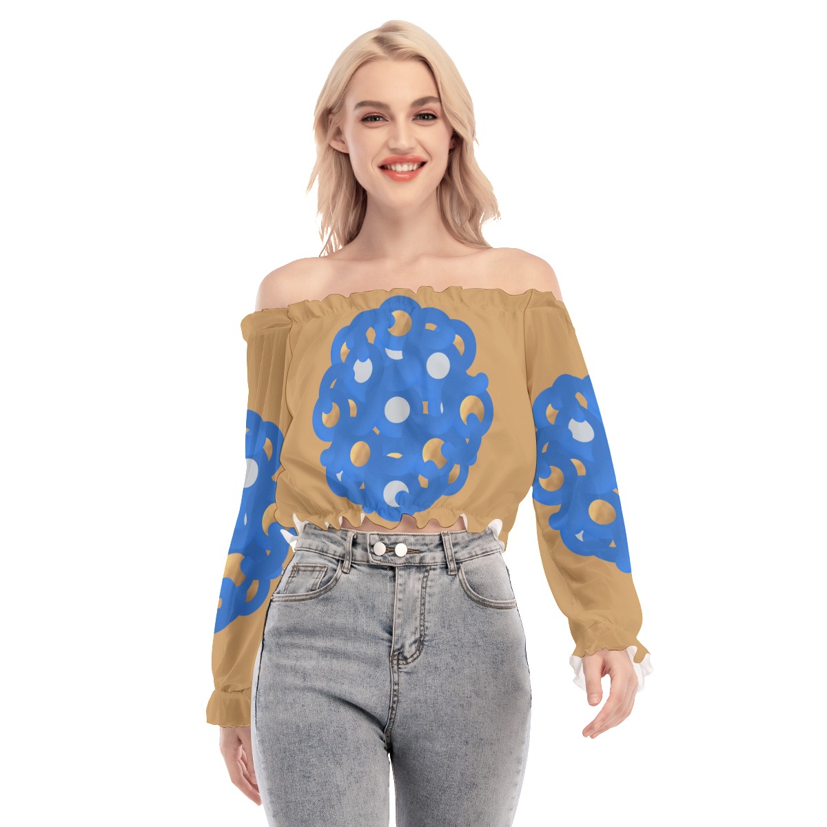 All-Over Print Women's Off-shoulder Blouse With Mesh Sleeves
