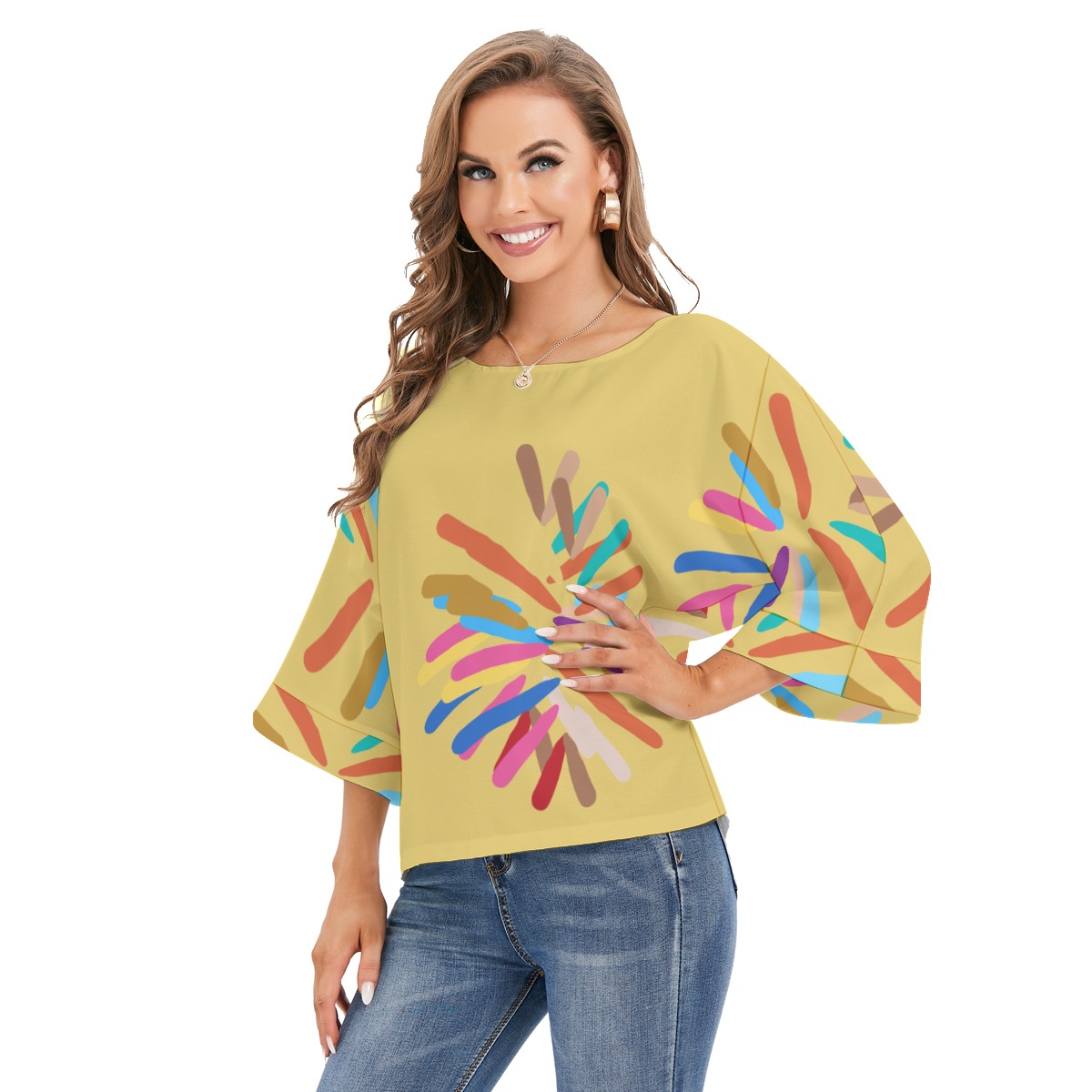 All-Over Print Women's Blouse With Turn-over sleeves - Image 3