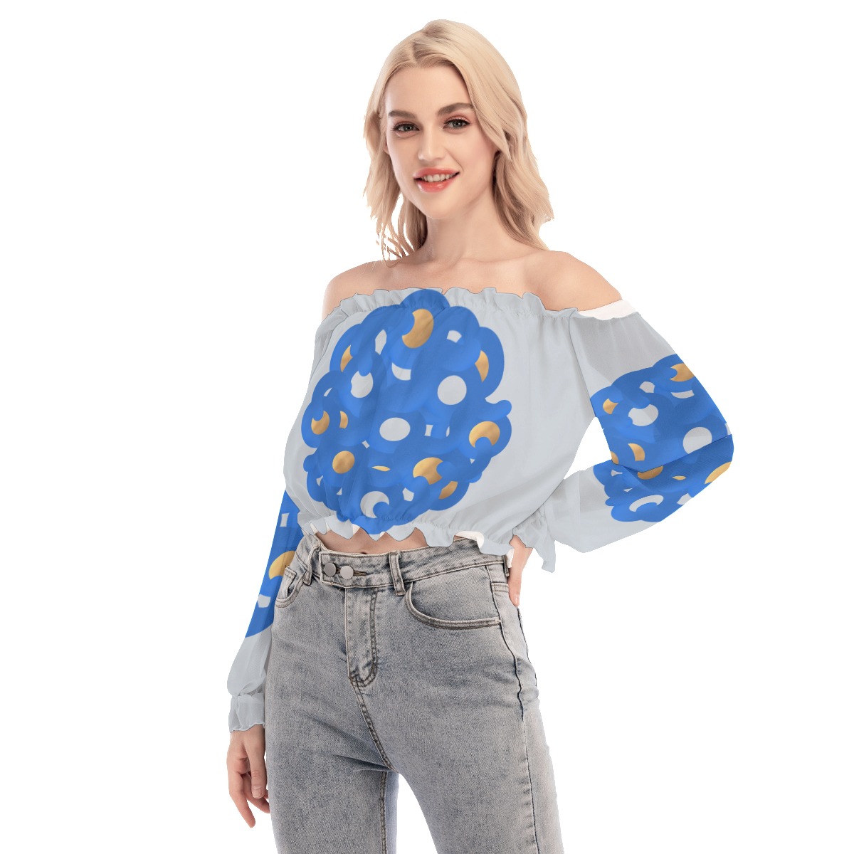 All-Over Print Women's Off-shoulder Blouse With Mesh Sleeves - Image 3