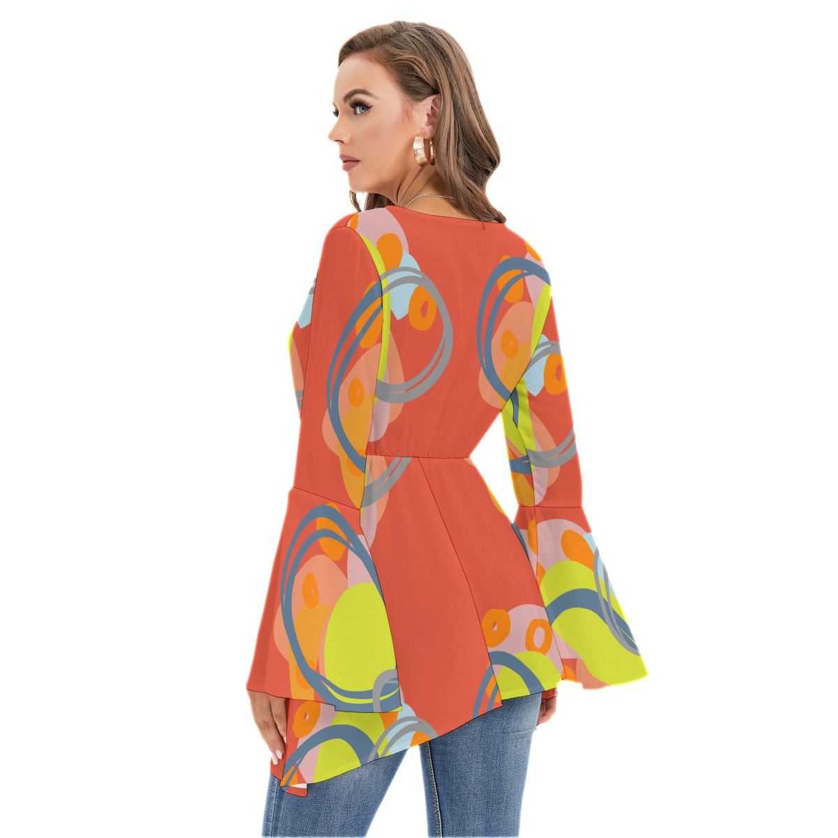 All-Over Print Women's V-neck Blouse With Flared Sleeves - Image 4