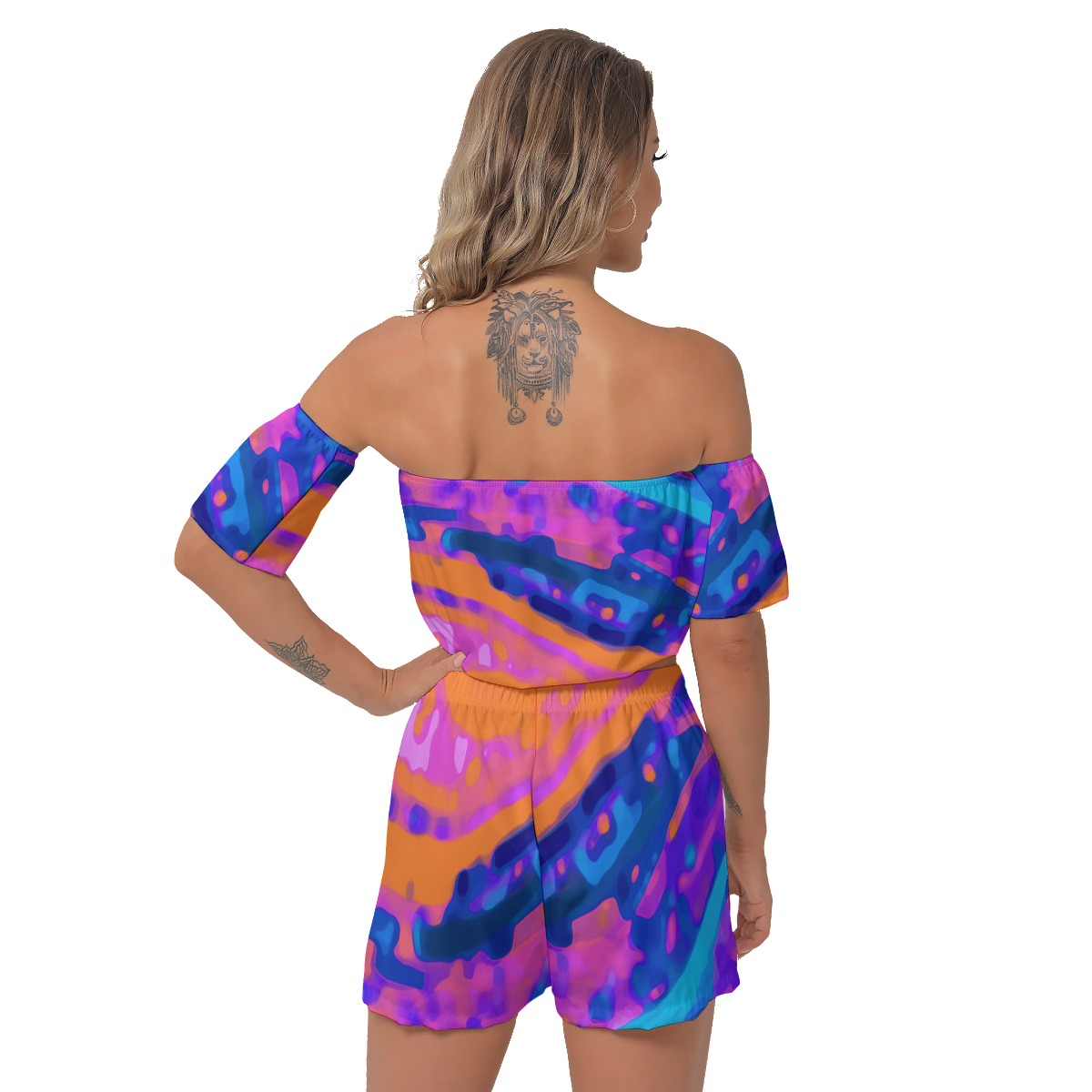 All-Over Print Women's Off-Shoulder T-Shirt Shorts Suit - Image 4