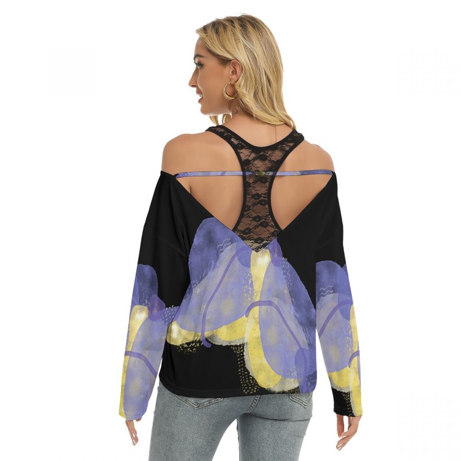 All-Over Print Women's Lace Mesh Collar Cold Shoulder Long Sleeves Blouse - Image 4