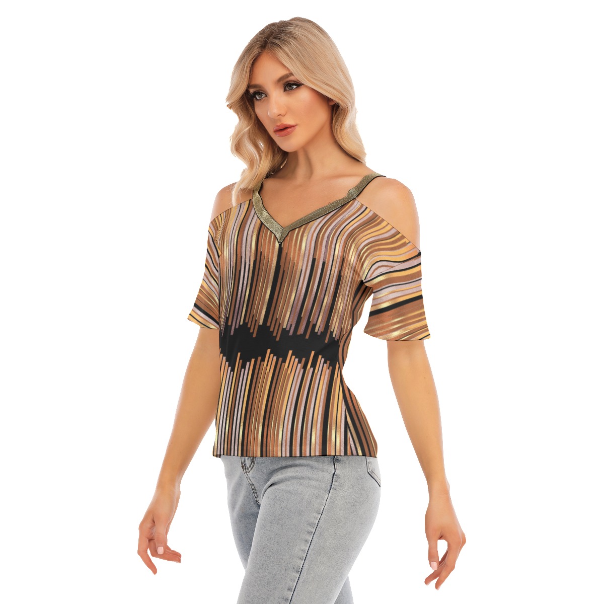 All-Over Print Women's Cold Shoulder T-shirt With Golden Elastic Band On Neck - Image 3