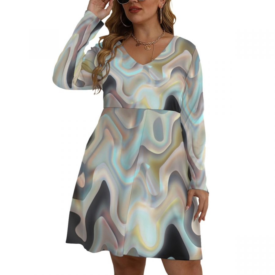 All-Over Print Women's V-neck Long Sleeve Dress(Plus Size) - Image 2