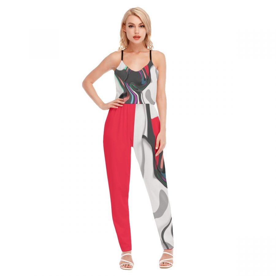 All-Over Print Women's V-neck Cami Jumpsuit