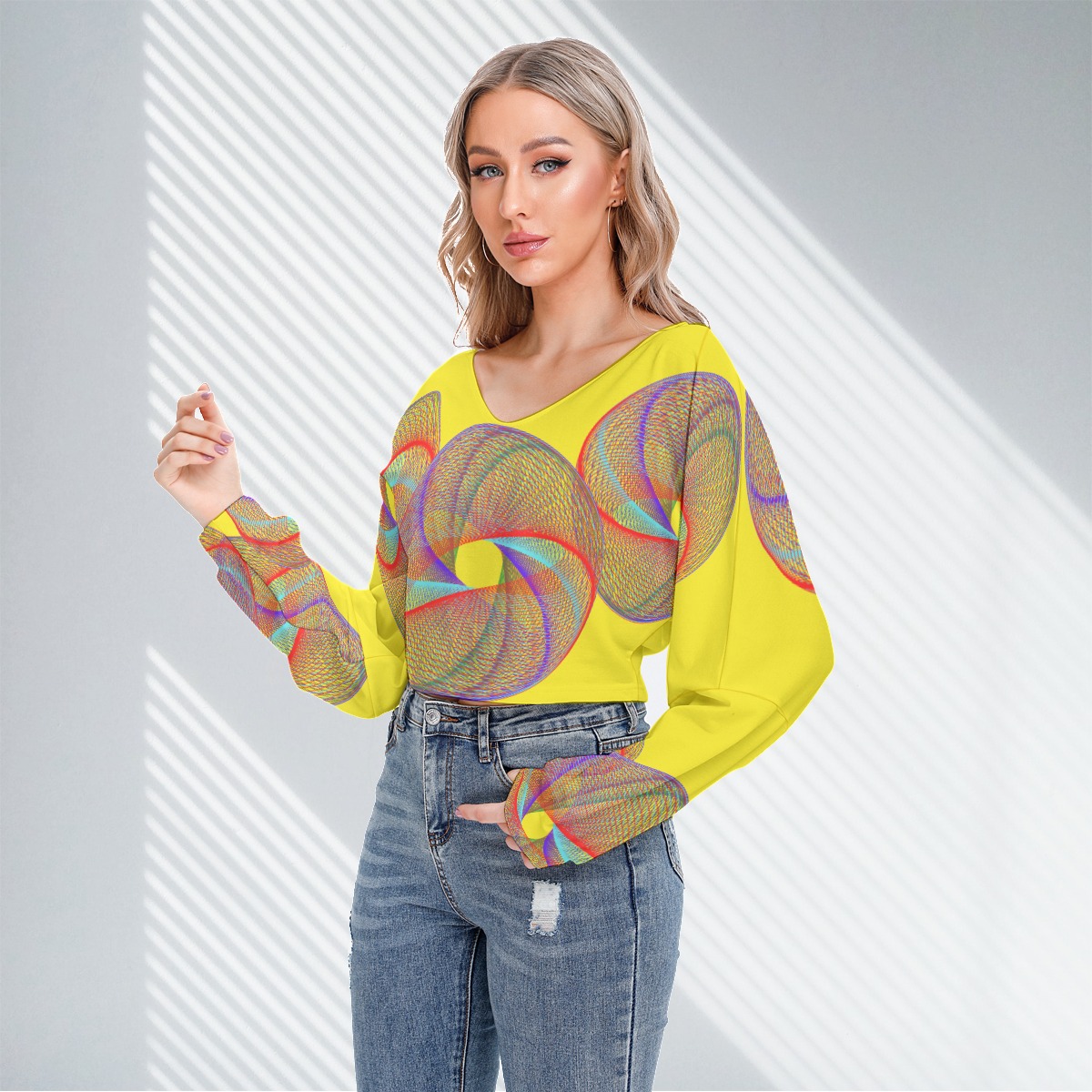 All-Over Print Women's V-neck Drop-shoulder Cropped Sweatshirt - Image 3
