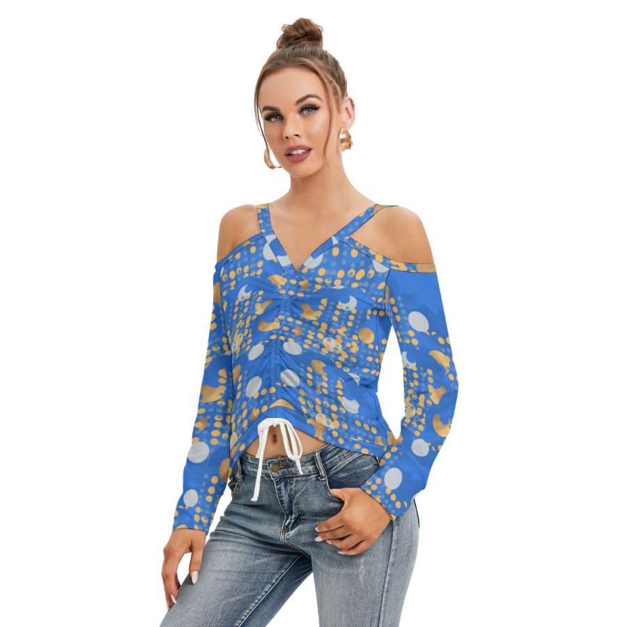 All-Over Print Women’s V-neck Cold Shoulder Blouse With Long Sleeve - Image 3