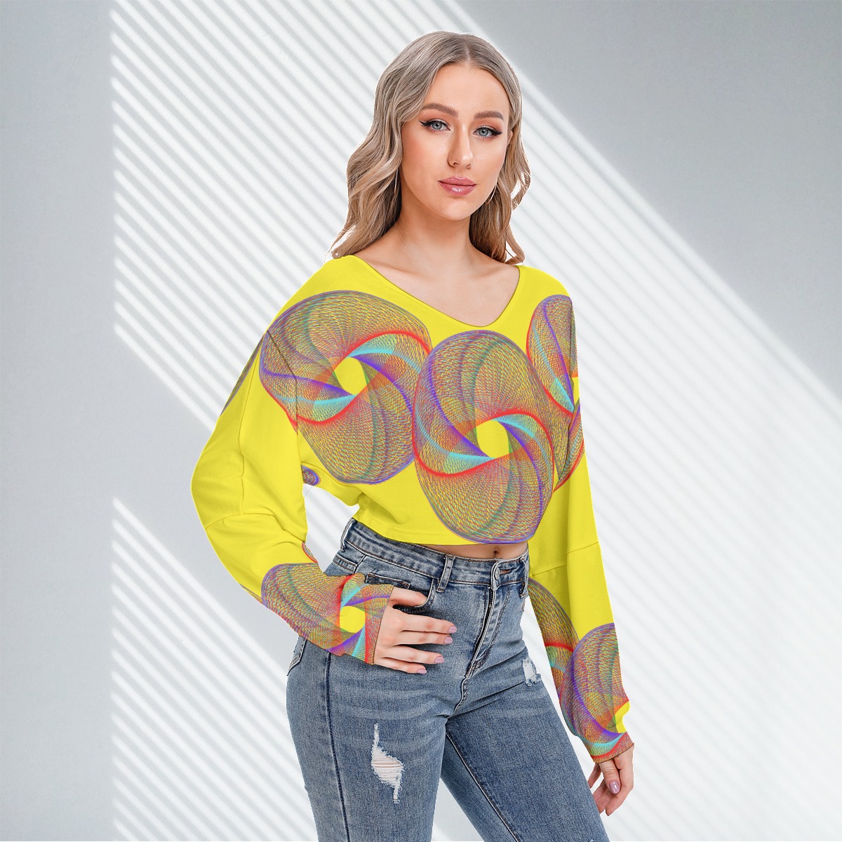 All-Over Print Women's V-neck Drop-shoulder Cropped Sweatshirt - Image 2