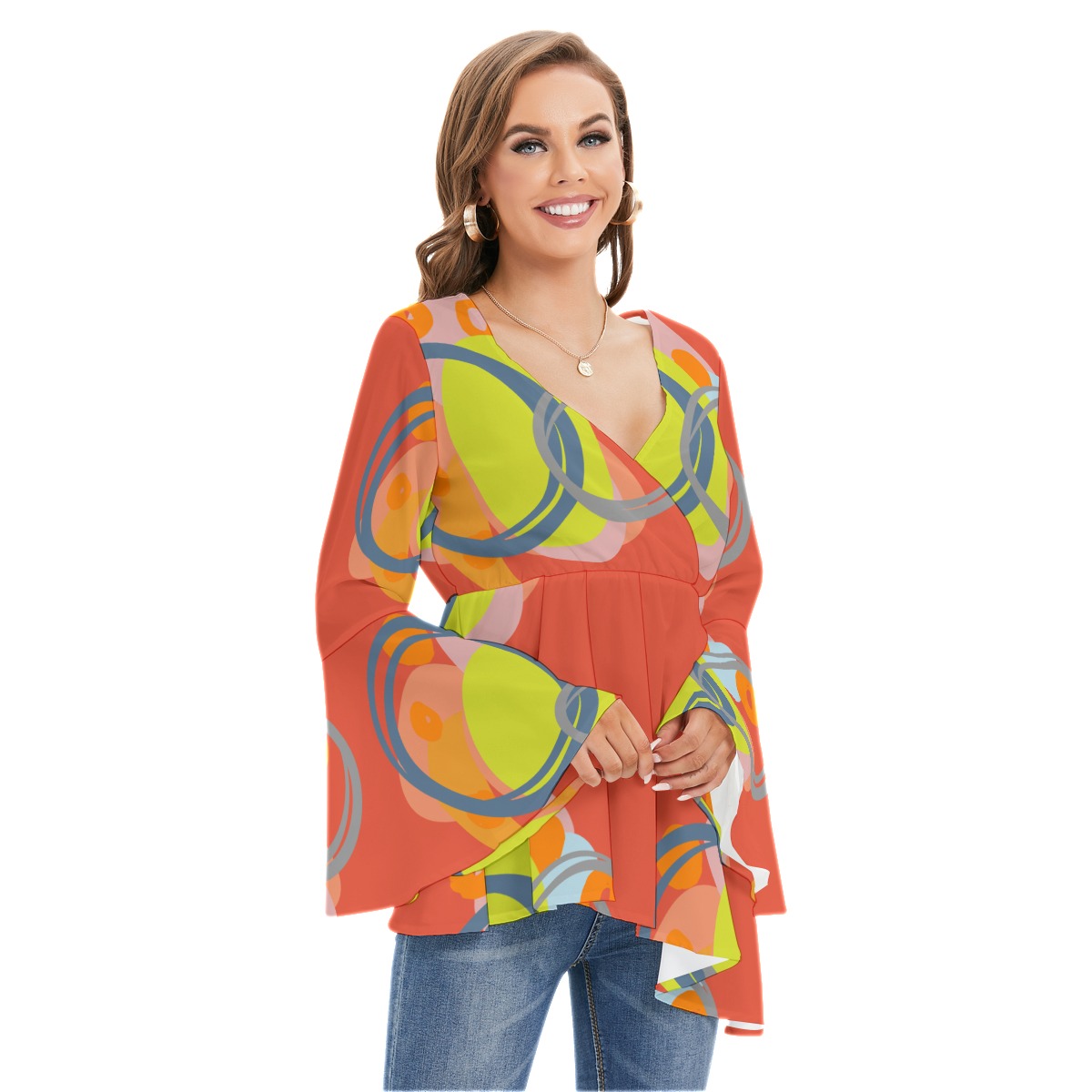 All-Over Print Women's V-neck Blouse With Flared Sleeves - Image 2