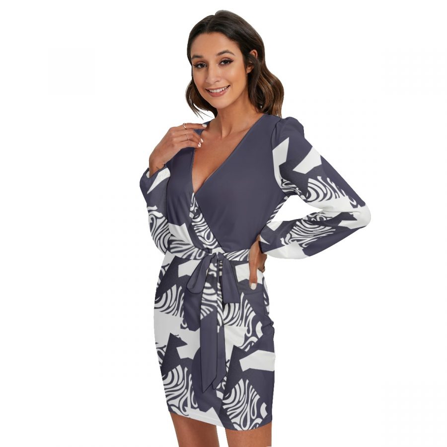 All-Over Print Women's Long Sleeve Dress With Waist Belt - Image 3