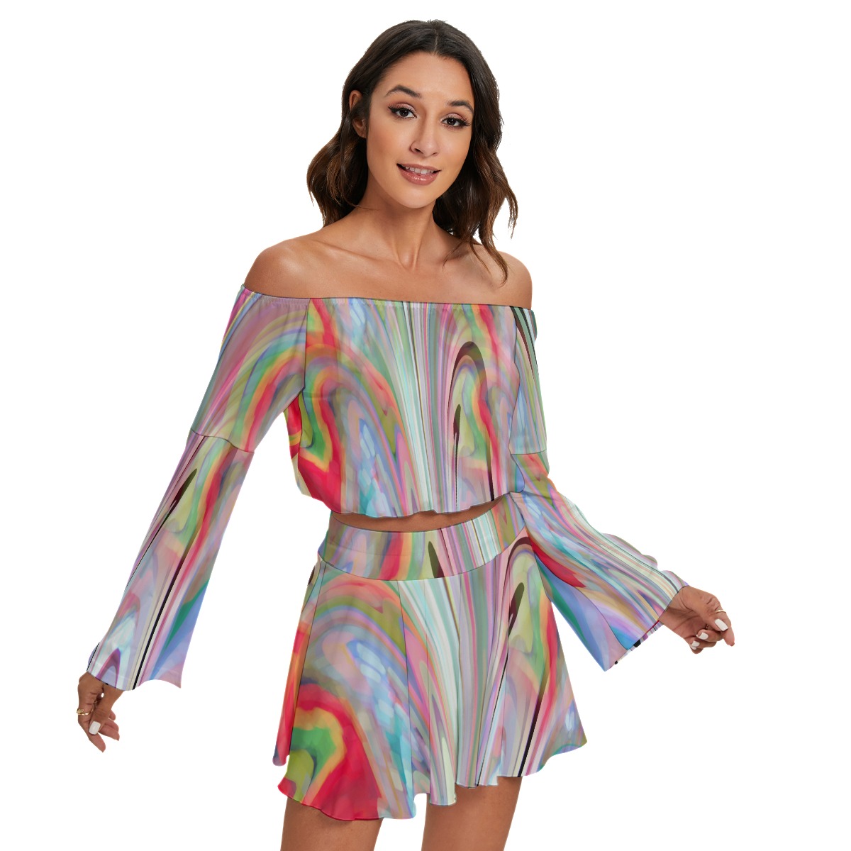 All-Over Print Women's Off-shoulder Top And Skirt Set - Image 3
