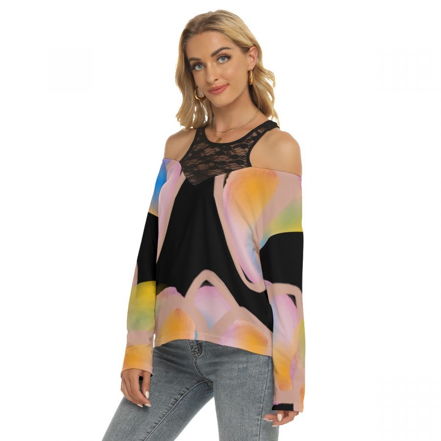 All-Over Print Women's Lace Mesh Collar Cold Shoulder Long Sleeves Blouse - Image 2