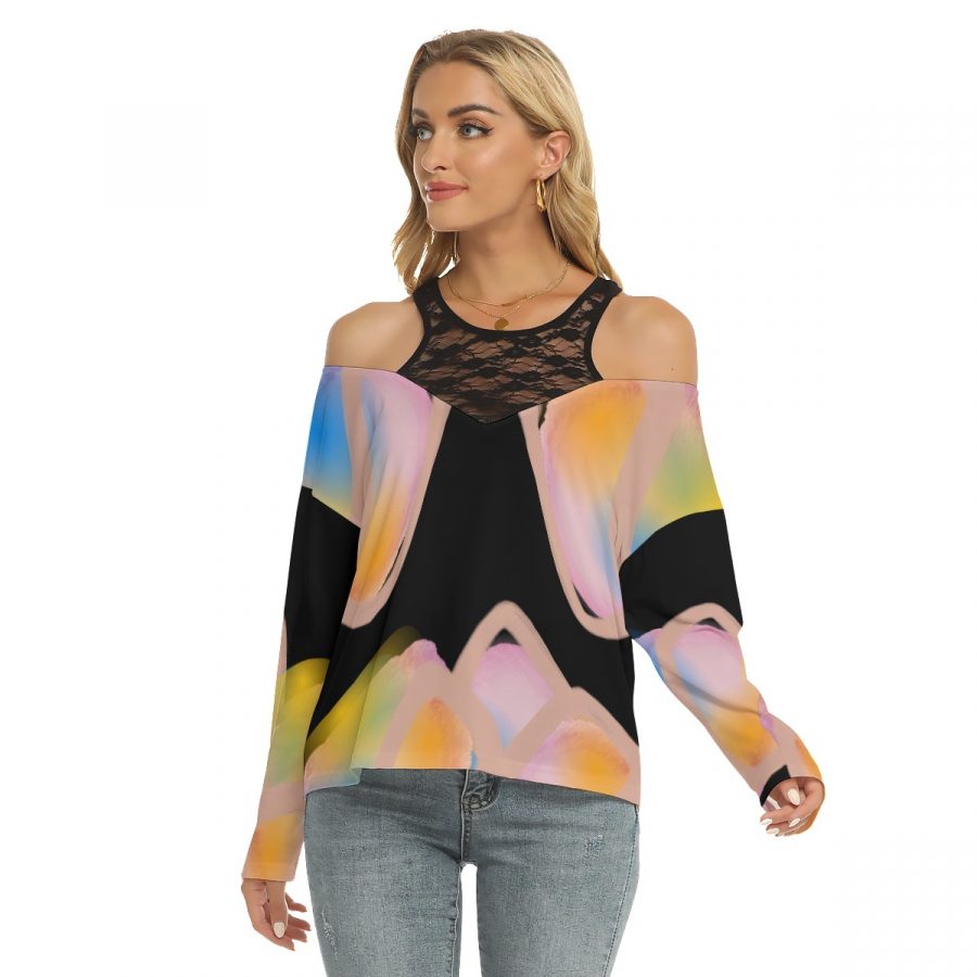 All-Over Print Women's Lace Mesh Collar Cold Shoulder Long Sleeves Blouse