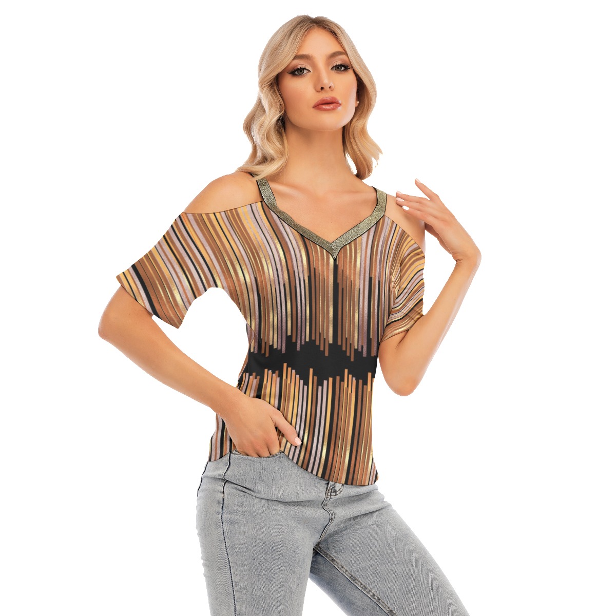 All-Over Print Women's Cold Shoulder T-shirt With Golden Elastic Band On Neck - Image 2