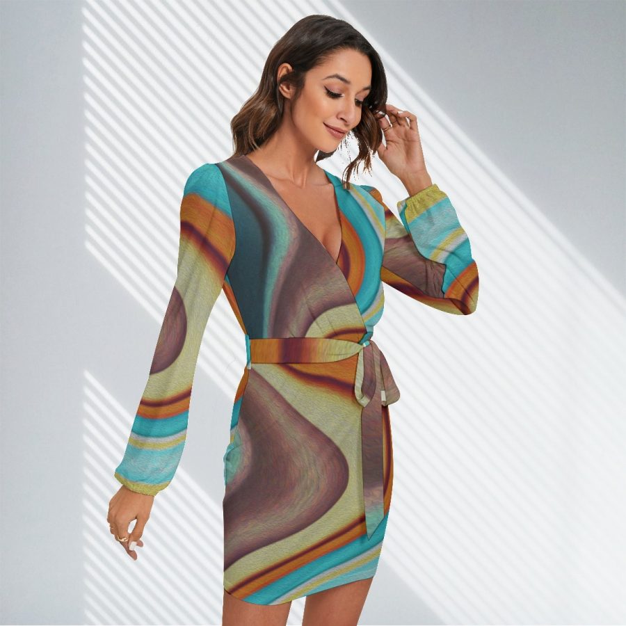 All-Over Print Women's Long Sleeve Dress With Waist Belt - Image 2