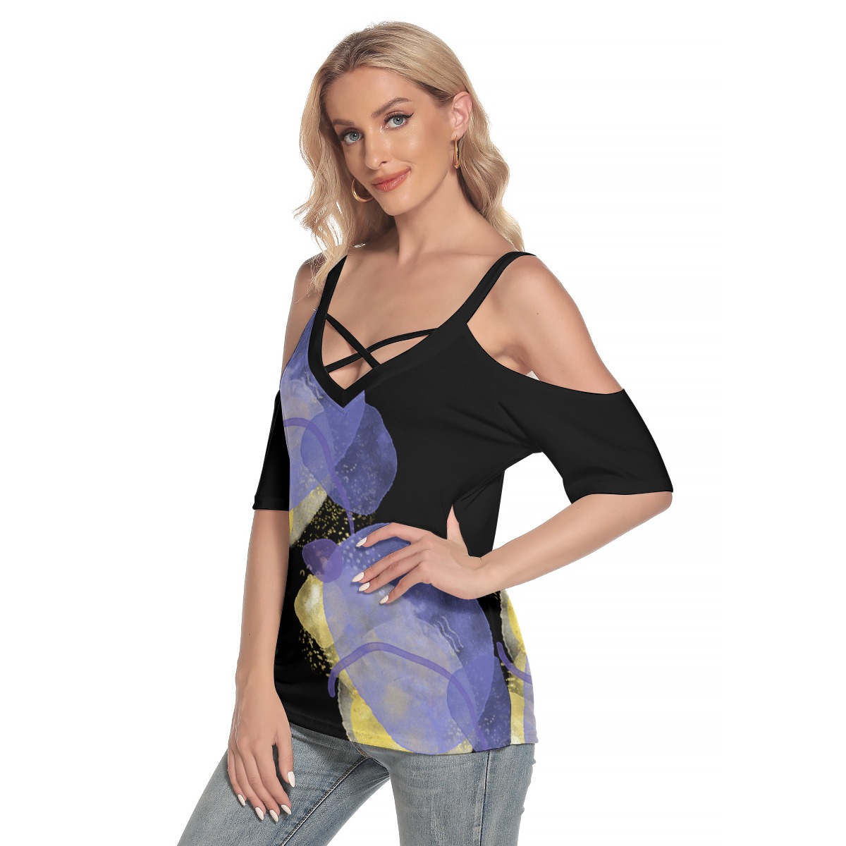 All-Over Print Women's Cold Shoulder T-shirt With Criss Cross Strips - Image 3