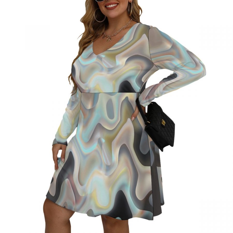 All-Over Print Women's V-neck Long Sleeve Dress(Plus Size) - Image 3