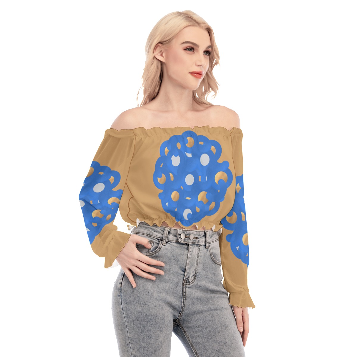 All-Over Print Women's Off-shoulder Blouse With Mesh Sleeves - Image 2