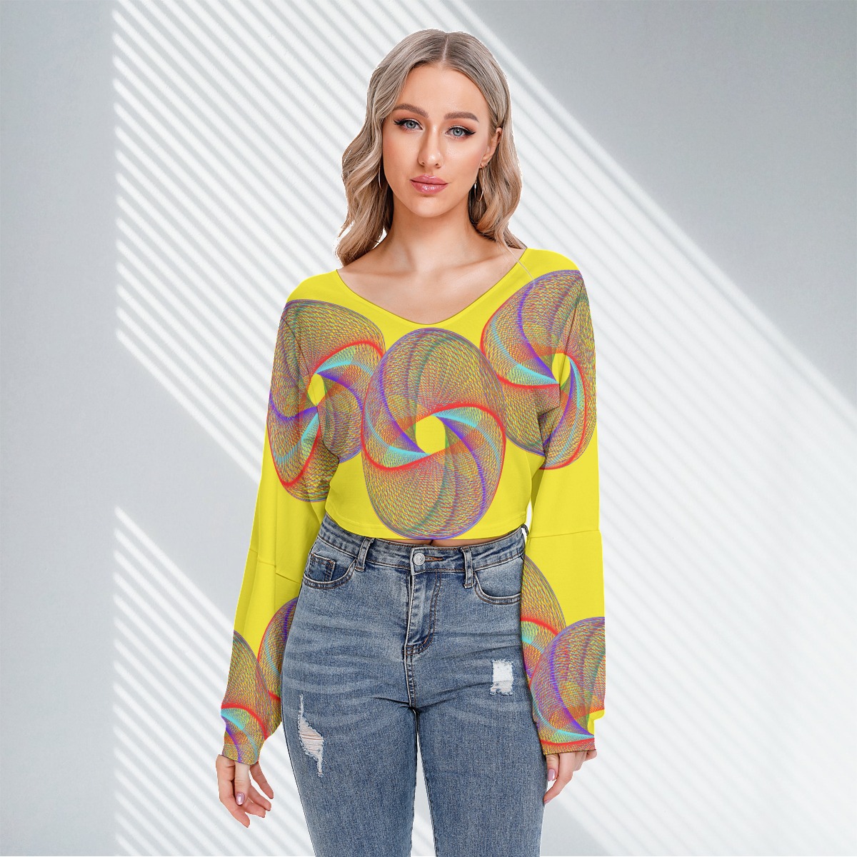 All-Over Print Women's V-neck Drop-shoulder Cropped Sweatshirt