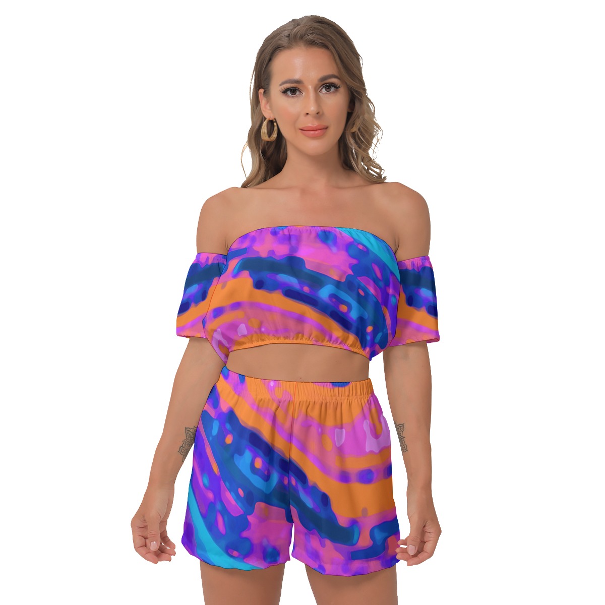 All-Over Print Women's Off-Shoulder T-Shirt Shorts Suit