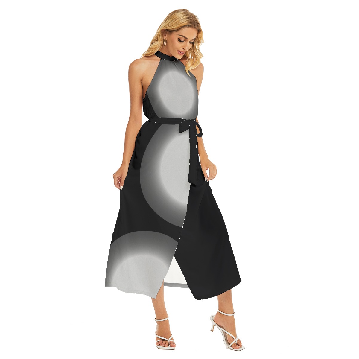 All-Over Print Women's Wrap Hem Belted Halter Dress - Image 2