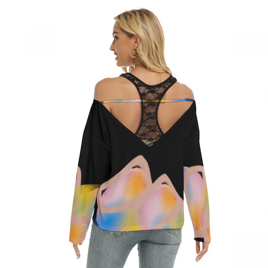 All-Over Print Women's Lace Mesh Collar Cold Shoulder Long Sleeves Blouse - Image 4
