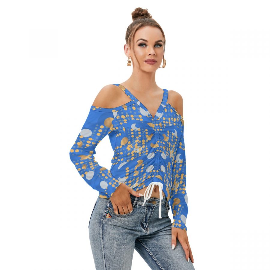 All-Over Print Women’s V-neck Cold Shoulder Blouse With Long Sleeve - Image 2