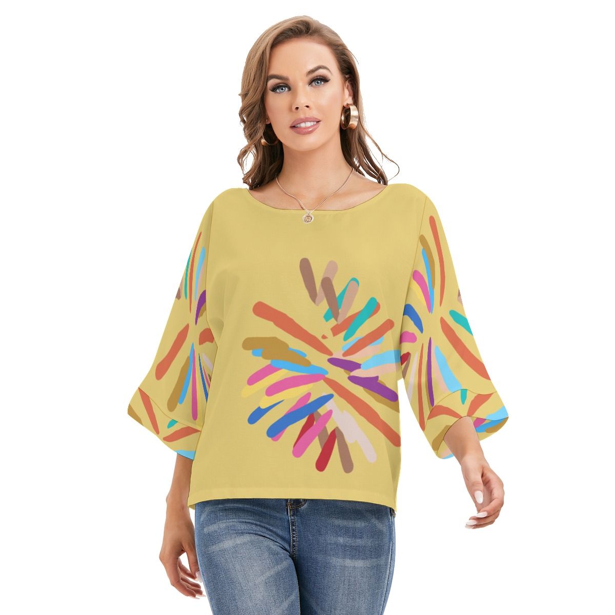 All-Over Print Women's Blouse With Turn-over sleeves