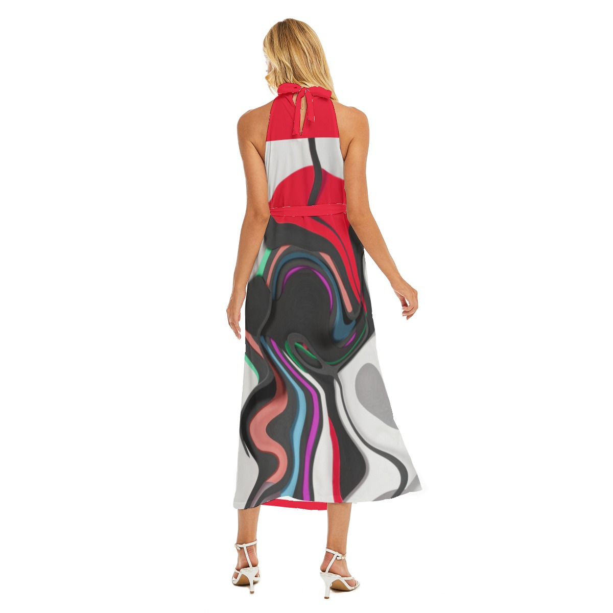 All-Over Print Women's Wrap Hem Belted Halter Dress - Image 4