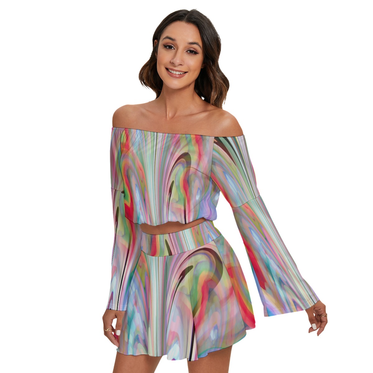 All-Over Print Women's Off-shoulder Top And Skirt Set - Image 2