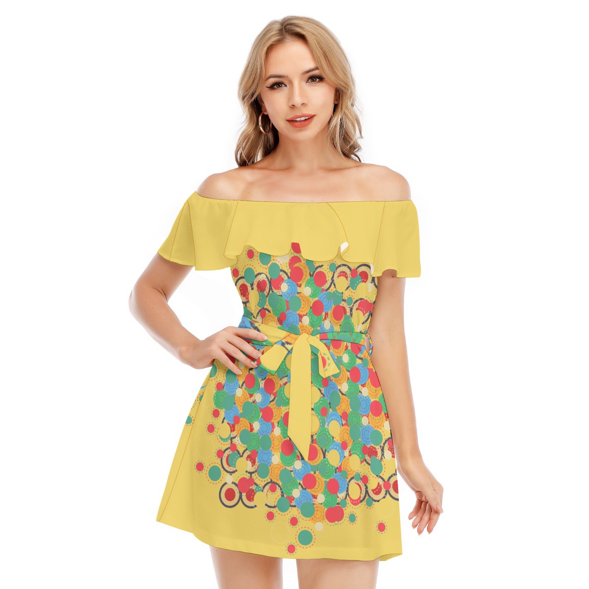All-Over Print Women's Off-shoulder Dress With Ruffle