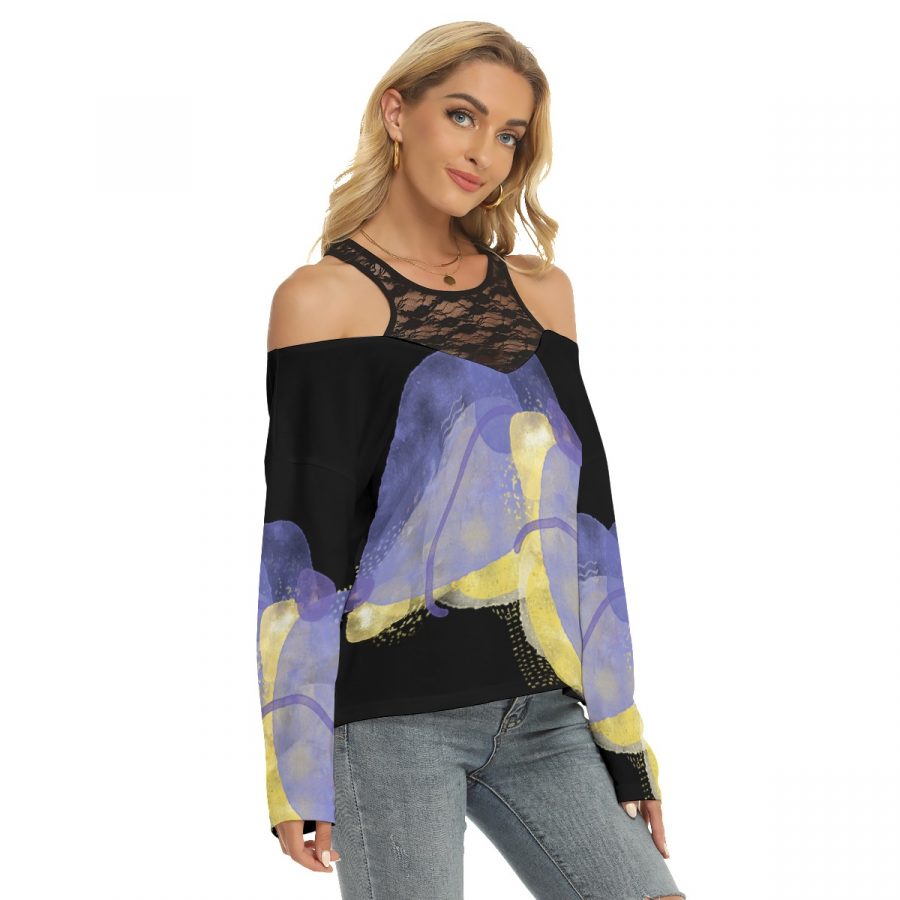All-Over Print Women's Lace Mesh Collar Cold Shoulder Long Sleeves Blouse - Image 3