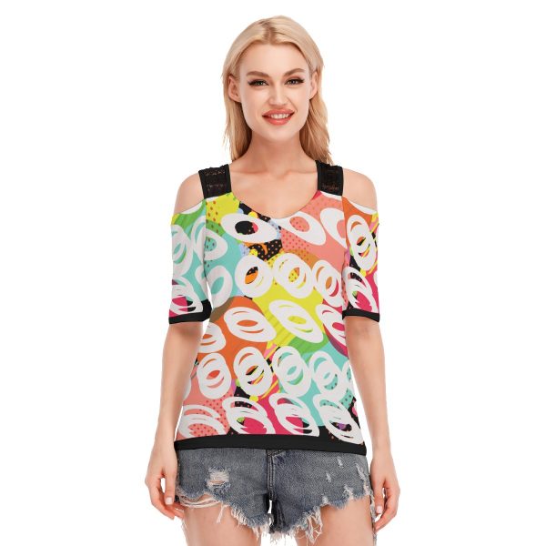 All-Over Print Women's T-shirt With Black Lace Shoulder Strap