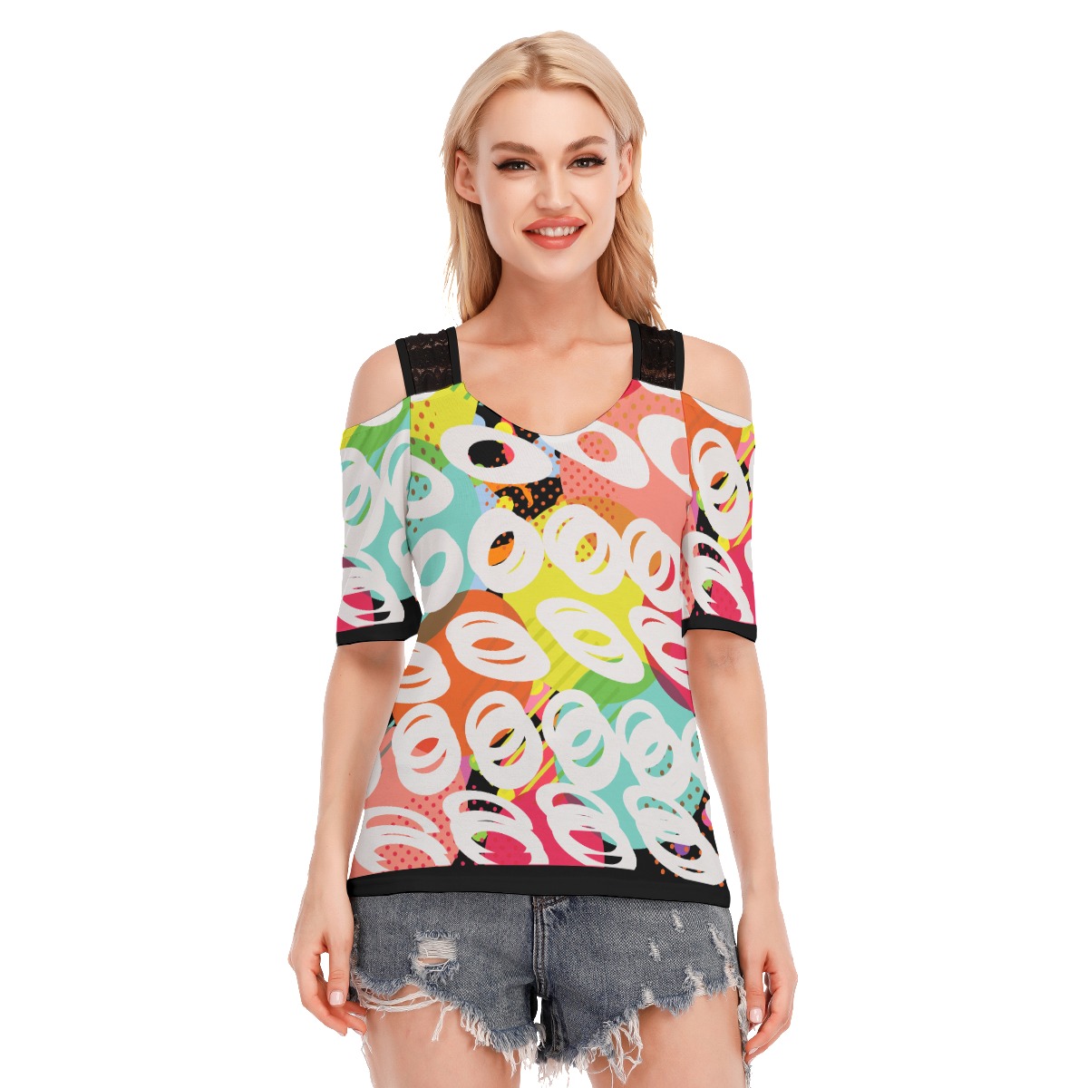 All-Over Print Women's T-shirt With Black Lace Shoulder Strap