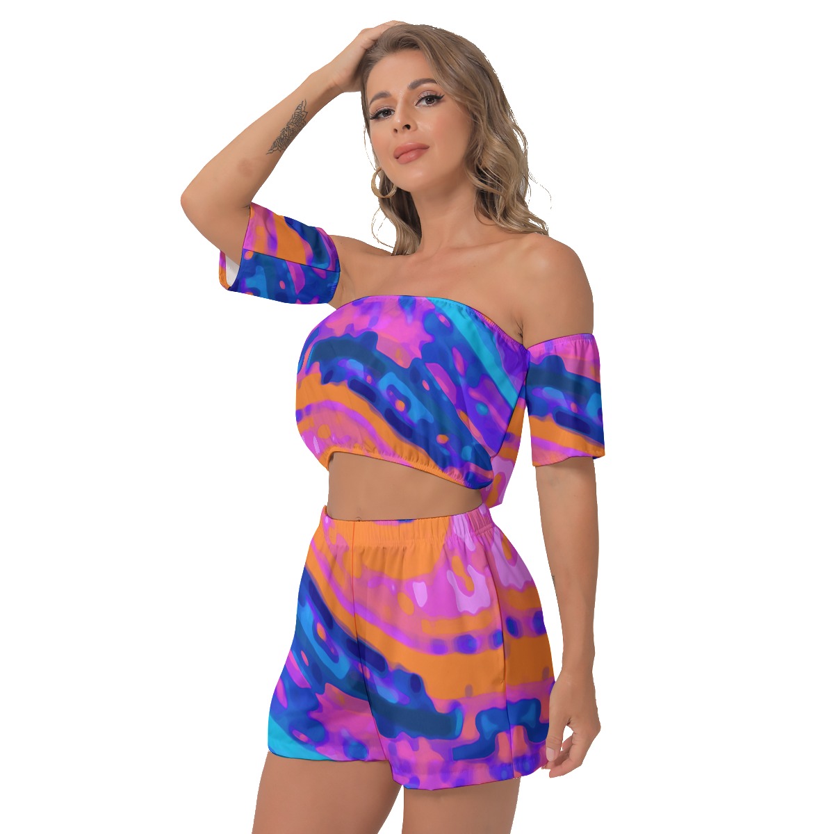 All-Over Print Women's Off-Shoulder T-Shirt Shorts Suit - Image 2