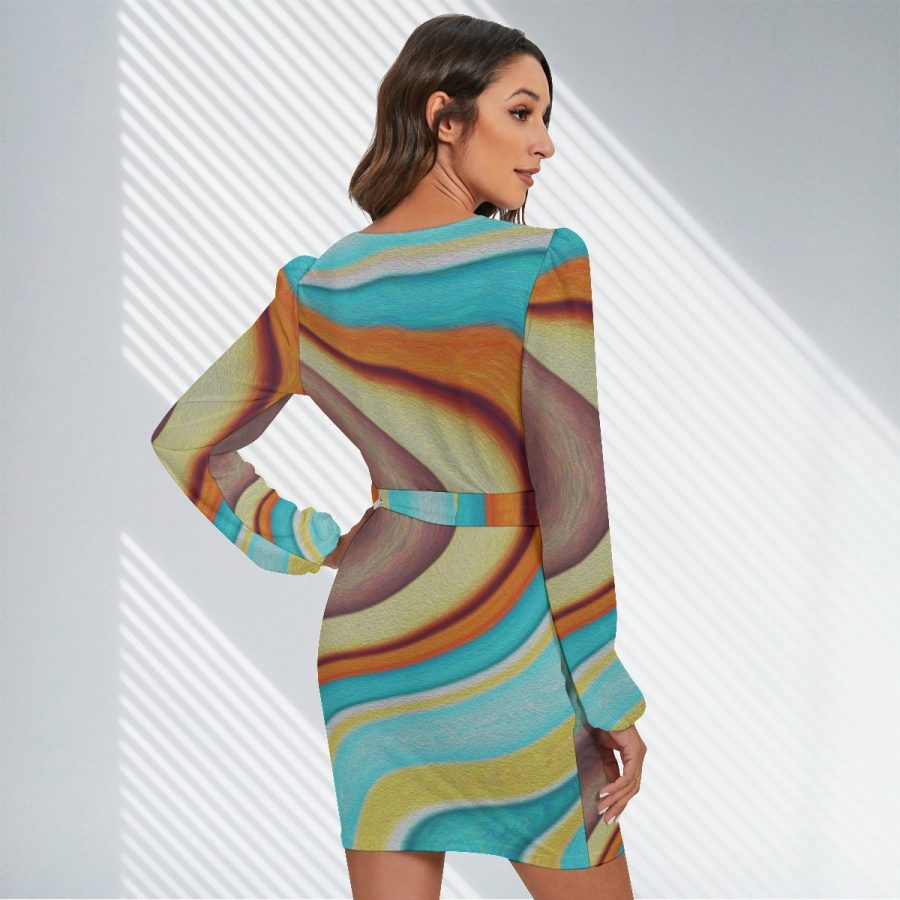 All-Over Print Women's Long Sleeve Dress With Waist Belt - Image 4