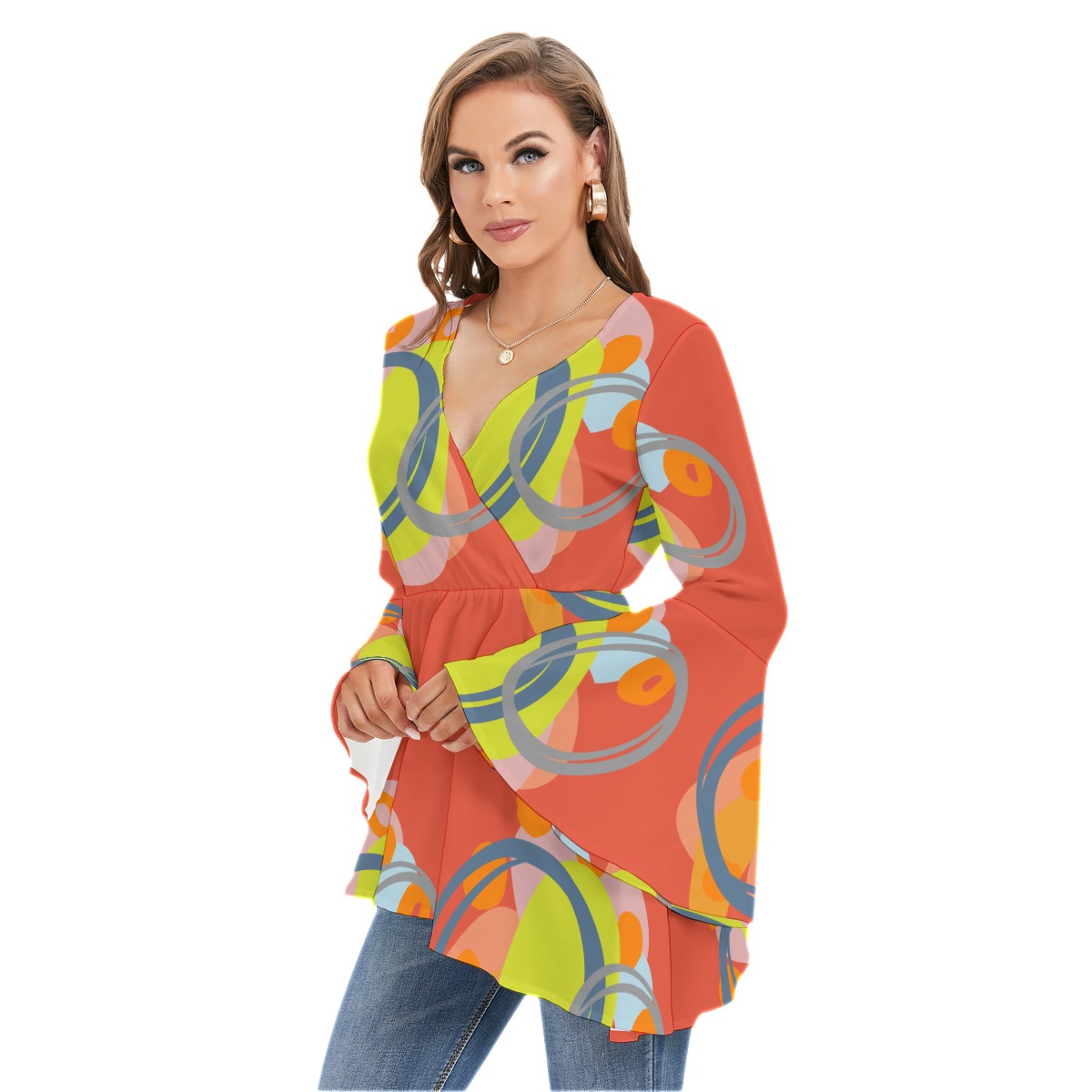 All-Over Print Women's V-neck Blouse With Flared Sleeves - Image 3
