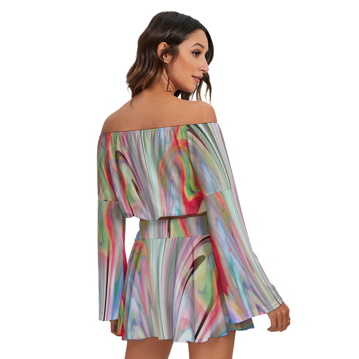 All-Over Print Women's Off-shoulder Top And Skirt Set - Image 4