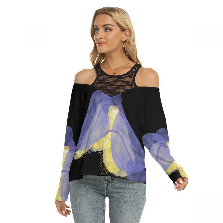 All-Over Print Women's Lace Mesh Collar Cold Shoulder Long Sleeves Blouse