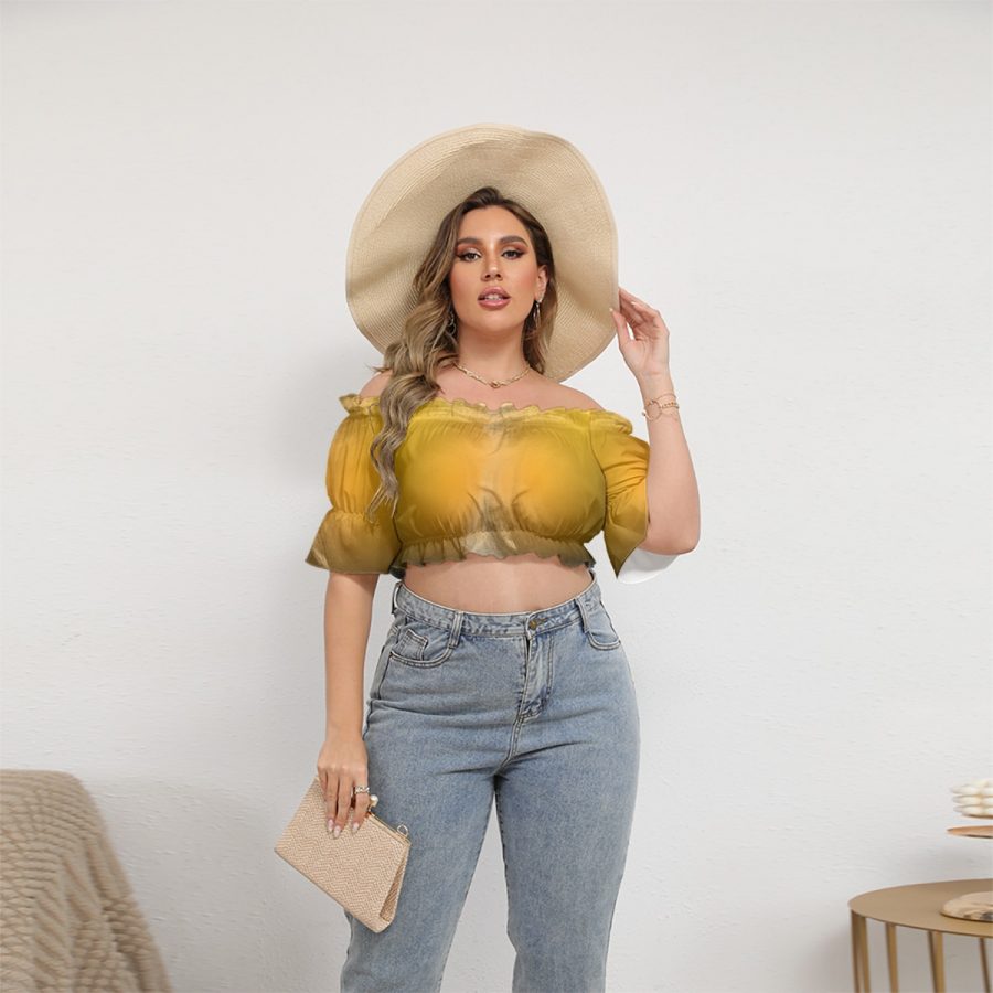 All-Over Print Women's Off-shoulder Cropped Top With Short Puff Sleeve